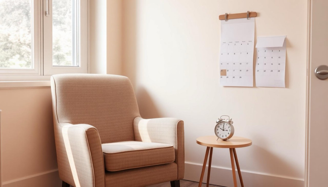 Leerer Sessel im Therapiezimmer neben einer Uhr und einem Kalender als Symbol für einen nicht wahrgenommenen Termin