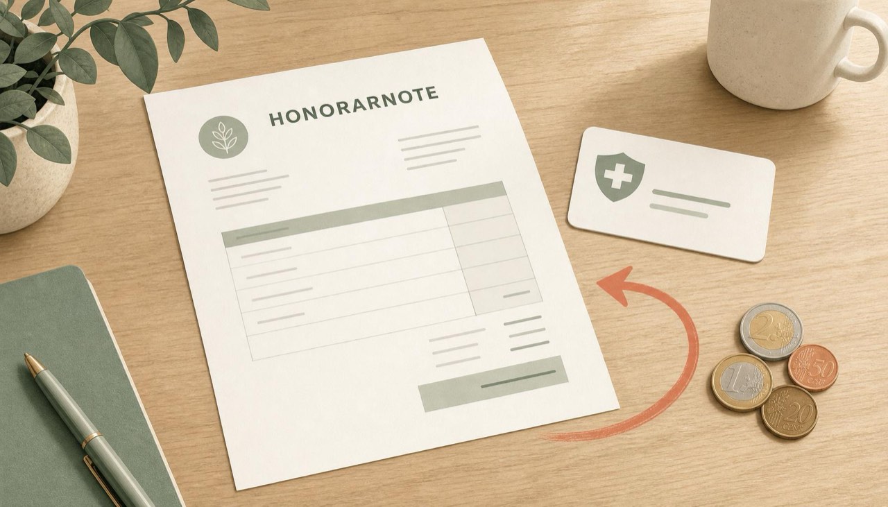 Honorarnote neben einer Versicherungskarte und Euromünzen, ein Pfeil deutet den Rückfluss des Kostenzuschusses an
