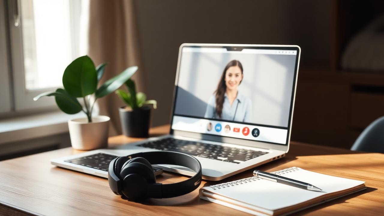Therapeut:in vor dem Laptop während einer Online-Psychotherapie-Sitzung